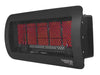 An angled view of the Bromic Tungsten 300 Gas Radiant Heater, with its industrial-style matte black finish and a glowing red heating element.
