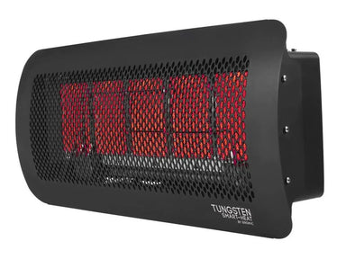 An angled view of the Bromic Tungsten 300 Gas Radiant Heater, with its industrial-style matte black finish and a glowing red heating element.