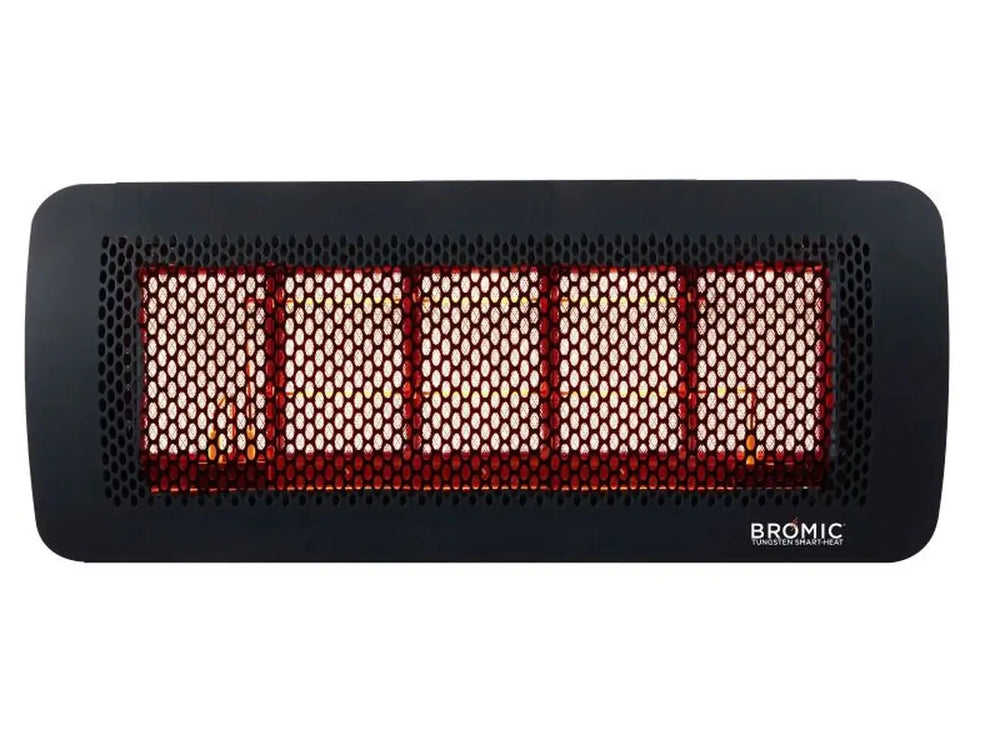 A direct, straight-on view of the Bromic Tungsten 300 Gas Radiant Heater, showing the prominent black mesh grille and the brand logo.