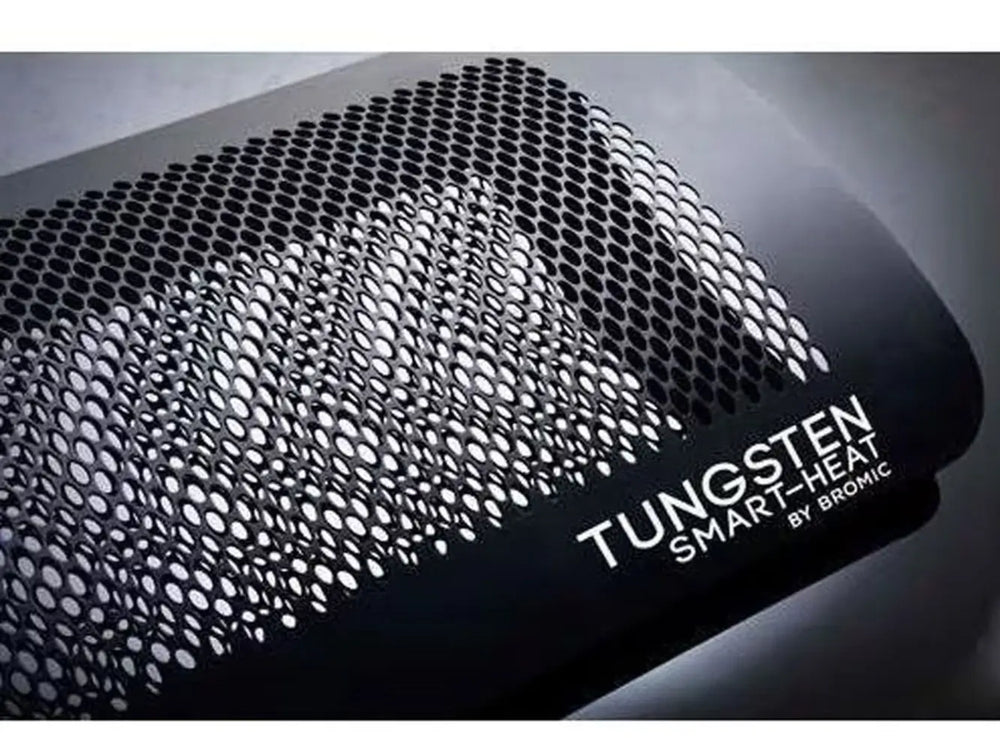 A close-up, high-angle view of the perforated metal grille on the Bromic Tungsten 300 Gas Radiant Heater, highlighting the "Tungsten Smart-Heat by Bromic" logo.