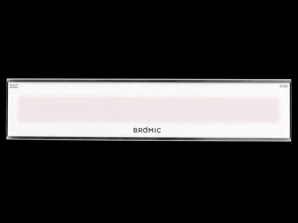 A studio shot of a white Bromic Platinum Electric Infrared Heater, with its heating element faintly visible.
