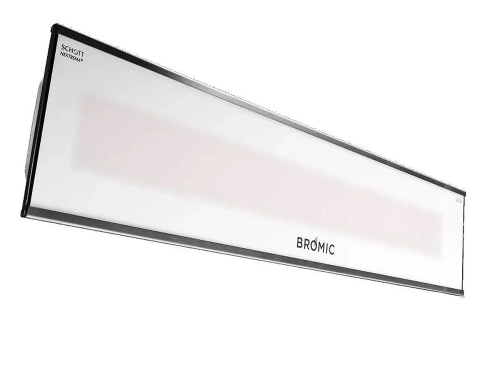 Side-angled view of the Bromic Platinum Marine 2300W Infrared Heater in white, showcasing its slim profile and weather-resistant build.