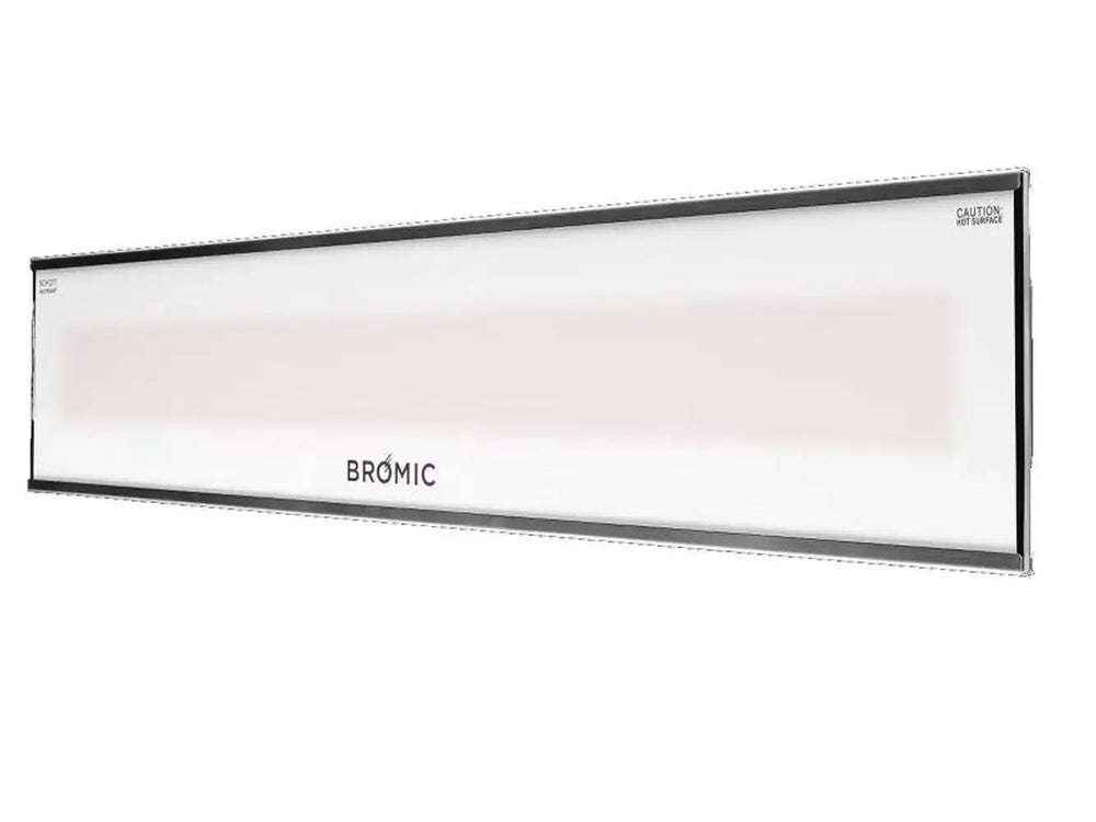 Bromic Platinum Marine 2300W Electric Heater in white finish, shown from an alternate angle emphasizing its curved glass and marine-grade construction.