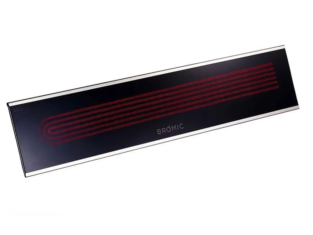 An angled view of a black Bromic Platinum Electric Infrared Heater, showing the heating elements with a red glow.