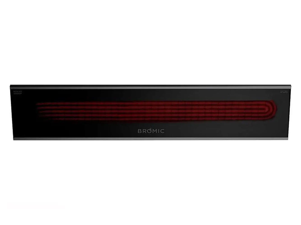  A close-up front view of a black Bromic Platinum Electric Infrared Heater, emphasizing the glowing electric coils.