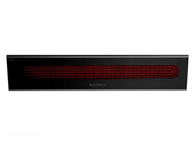  A close-up front view of a black Bromic Platinum Electric Infrared Heater, emphasizing the glowing electric coils.