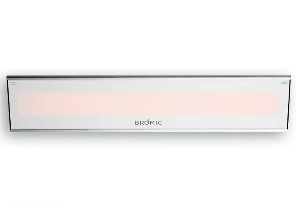 A front view of the white Bromic Platinum Electric Infrared Heater, showcasing the sleek glass-ceramic face with the brand name.