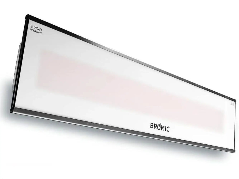 A three-quarter studio view of a white Bromic Platinum Electric Infrared Heater.