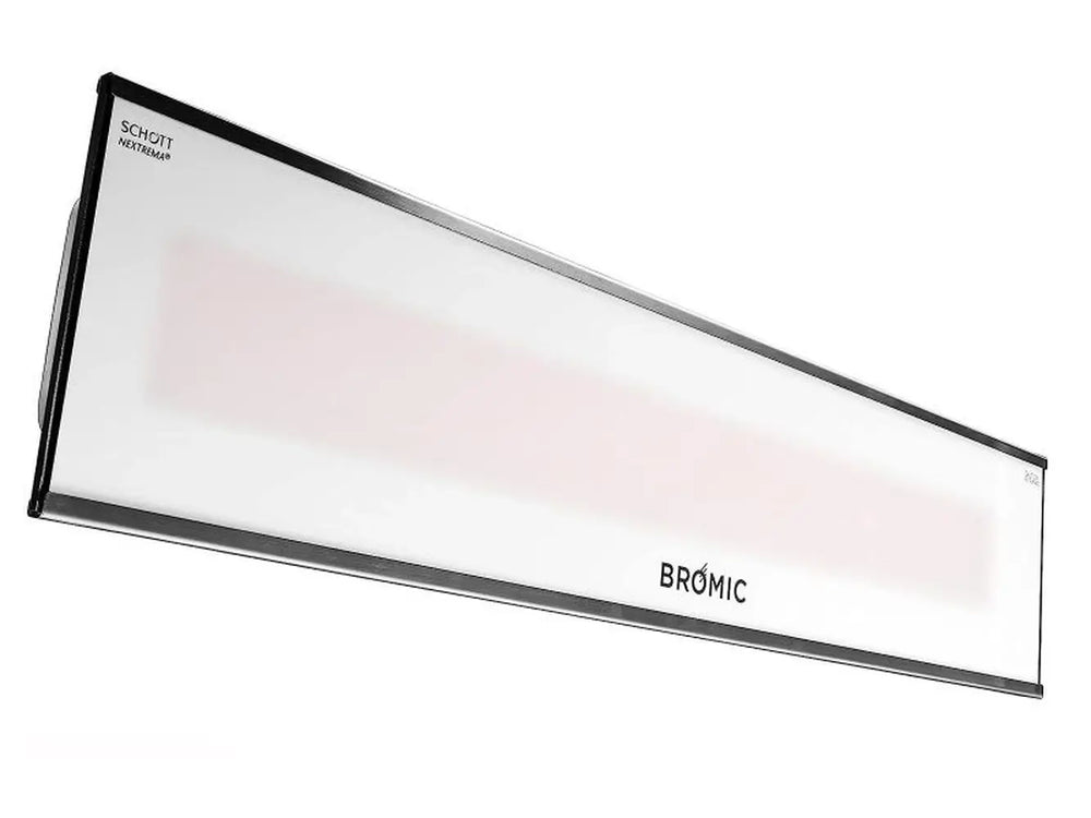 A front view of the black Bromic Platinum Marine 3400W Electric Infrared Heater, showcasing the sleek glass-ceramic face and corrosion-resistant body.