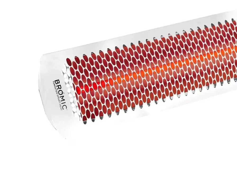 Angled close-up of the Bromic Tungsten 6000W Infrared Heater in white, showcasing its high-intensity element and signature perforated grille.