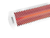 Angled close-up of the Bromic Tungsten 6000W Infrared Heater in white, showcasing its high-intensity element and signature perforated grille.