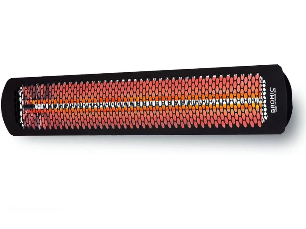 Bromic Tungsten 6000W Electric Heater in black with glowing quartz element visible through a curved mesh grille, designed for efficient outdoor warmth.