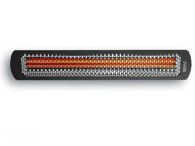Frontal view of Bromic Tungsten 6000W Infrared Heater in black, with bright orange element radiating heat behind protective mesh screen.