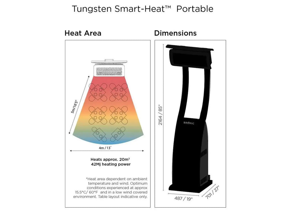 Bromic Tungsten 500 series freestanding gas heater, commercial-grade black stainless steel finish for patios.