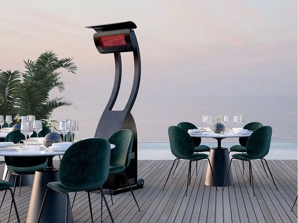 Close-up of Bromic Tungsten 500 gas infrared heater head and ceramic burner element with radiant red glow.