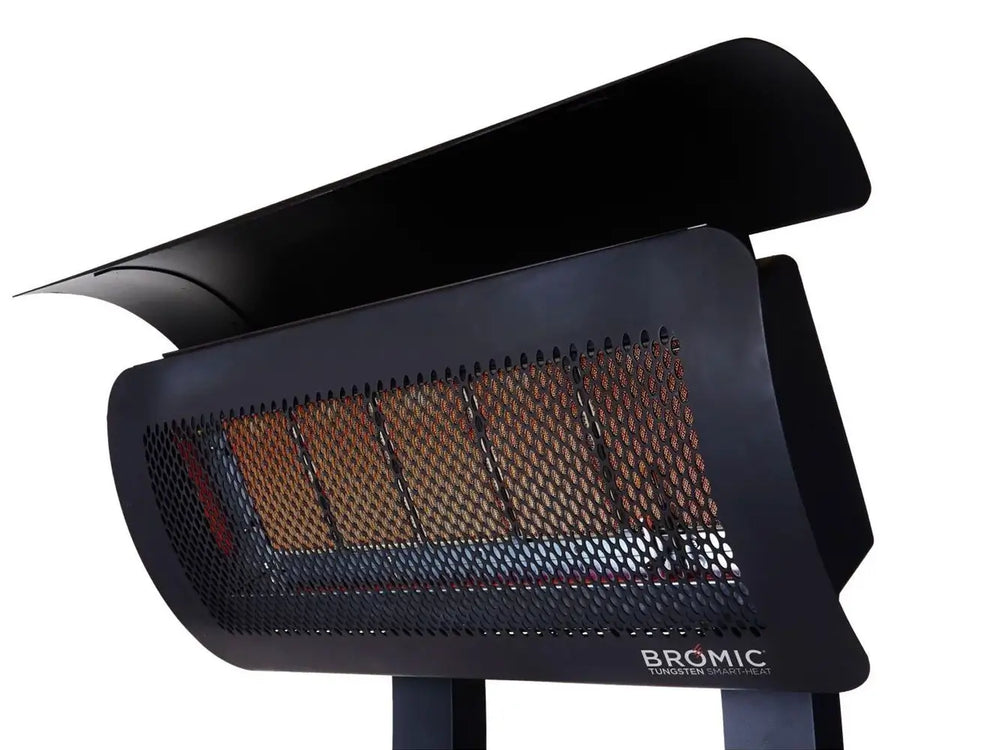 Bromic Tungsten 500 portable gas heater with hidden tank compartment and built-in wheels for easy outdoor movement.