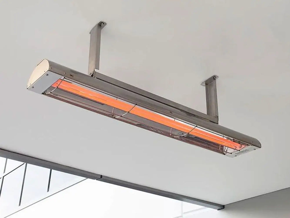 Bromic Cobalt electric patio heater suspended from a ceiling, stainless steel housing, providing radiant heat.