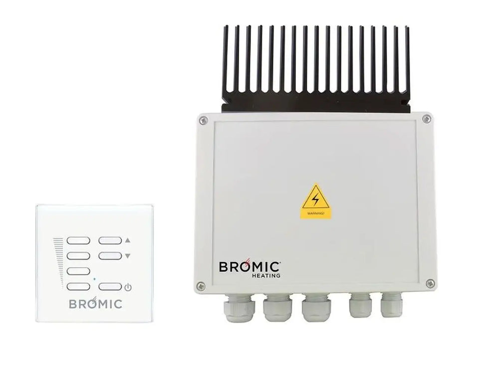 Bromic Smart-Heat electric heater dimmer switch and wireless remote control for variable heat intensity adjustment.