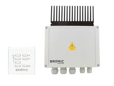 Bromic Smart-Heat electric heater dimmer switch and wireless remote control for variable heat intensity adjustment.