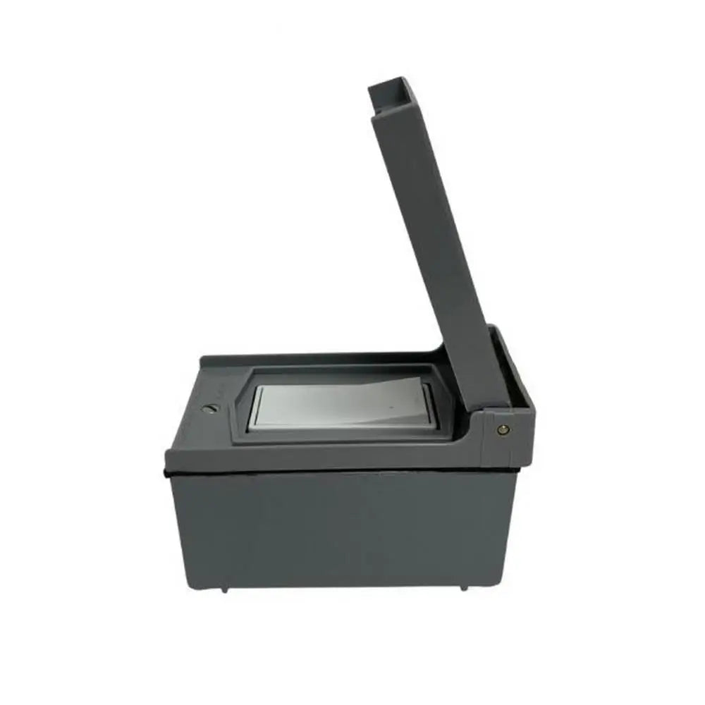 Bromic Affinity Single Pole white switch in gray outdoor weather-resistant box, side view.