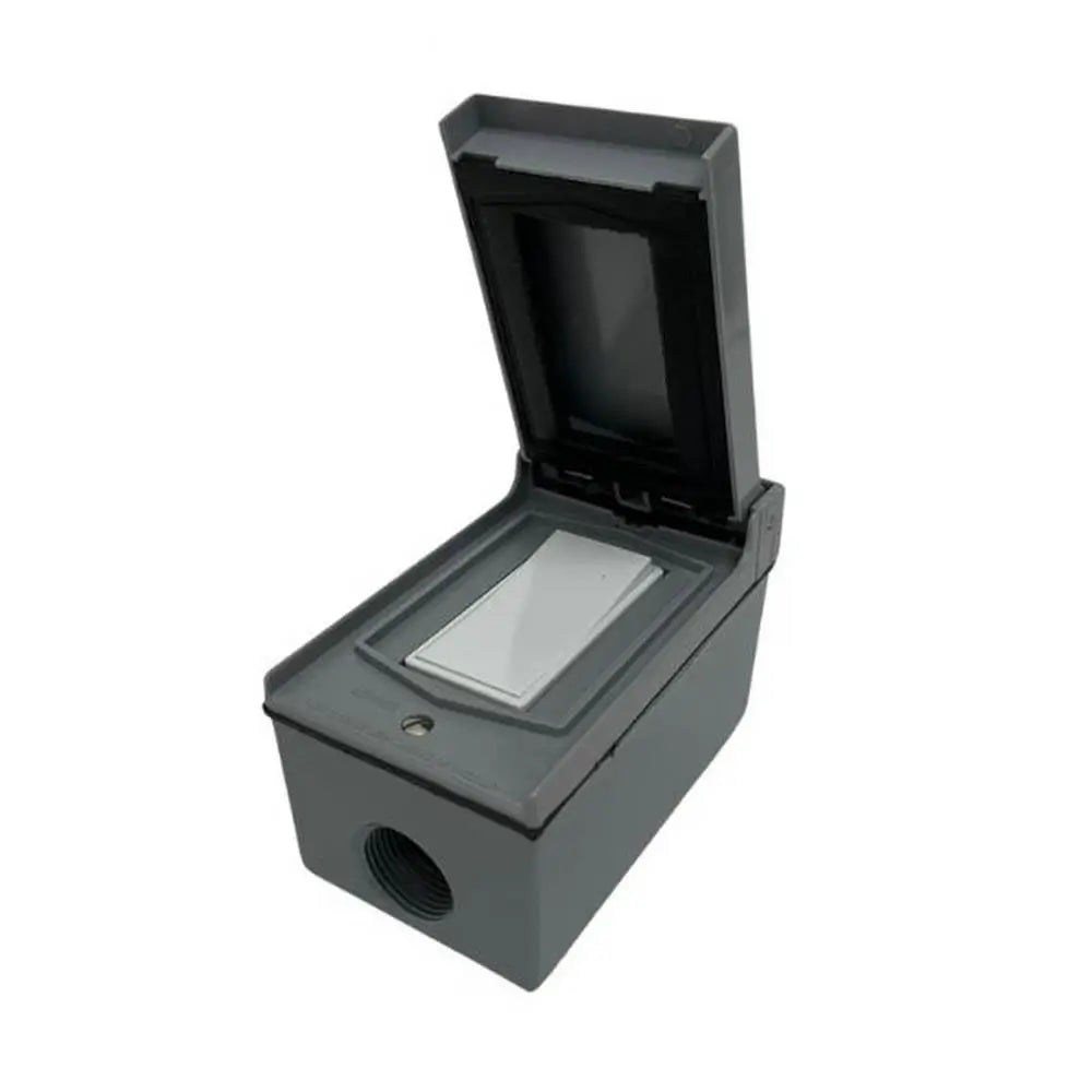 Bromic Affinity Single Pole white manual switch in gray weatherproof outdoor enclosure.
