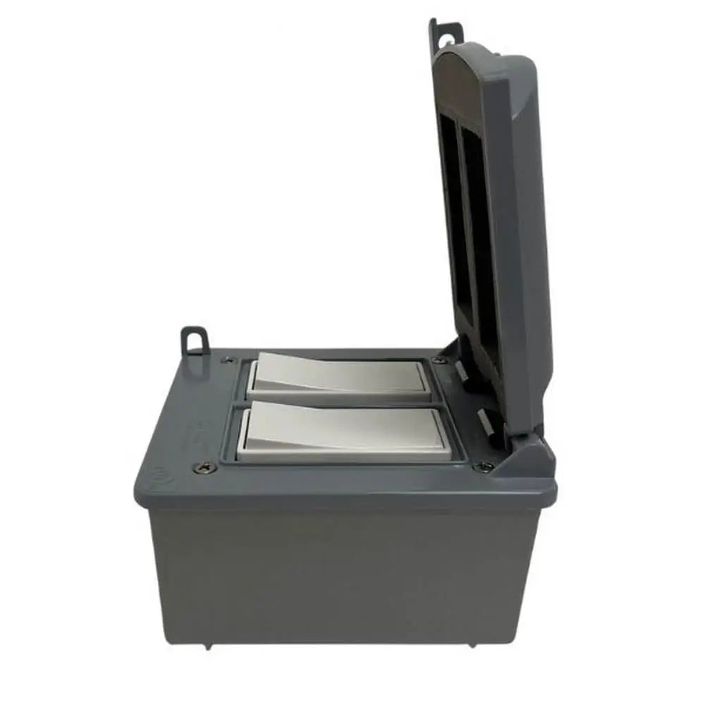 Bromic Affinity Double Pole white switches in gray outdoor weather-resistant box, side view.