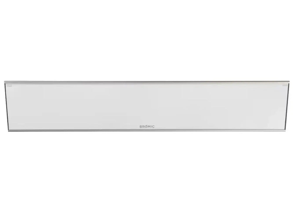 A front view of the Bromic Platinum 4500W Dual Element Electric Heater, showcasing its sleek white glass-ceramic face and polished silver trim.