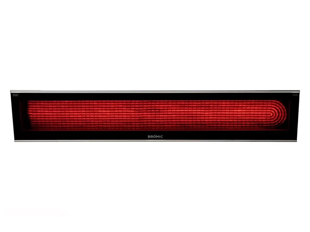 Bromic Platinum 4500W Marine Electric Infrared Heater turned on, showcasing its sleek black design and glowing red heating element.