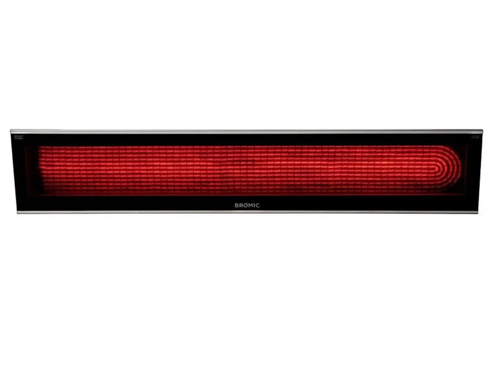An overhead view of the Bromic Platinum 4500W Electric Heater, highlighting the bright red electric heating elements beneath the glass-ceramic screen.