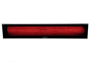 An overhead view of the Bromic Platinum 4500W Electric Heater, highlighting the bright red electric heating elements beneath the glass-ceramic screen.
