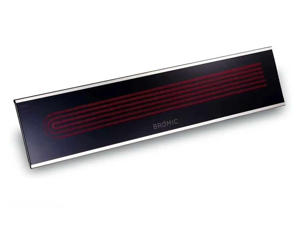 A slightly angled view of the Bromic Platinum 4500W Electric Heater, showing the parallel heating elements and the "Bromic" logo on the black face.