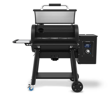 Broil King Regal Pellet 500 Pro WiFi pellet grill with lid open, showing the large pellet cooking chamber, upper warming rack, digital control panel, side shelf, and sturdy four-leg cart with locking caster.