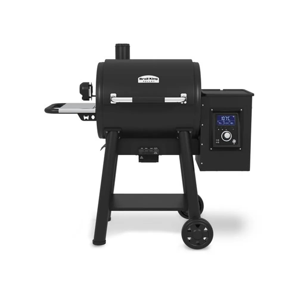 Front view of the Broil King Regal Pellet 400 WiFi pellet grill, showing the black barrel-style lid, pellet hopper with digital temperature display, side shelf, and wheeled stand.