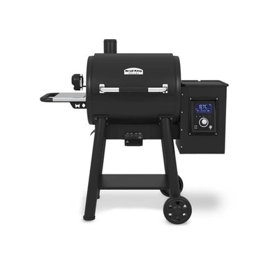 Front view of the Broil King Regal Pellet 400 WiFi pellet grill, showing the black barrel-style lid, pellet hopper with digital temperature display, side shelf, and wheeled stand.