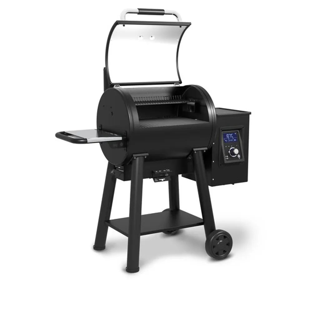 Broil King Regal Pellet 400 WiFi pellet grill with lid open, revealing the interior cooking chamber, upper warming rack, pellet grill body, digital control panel, and rolling cart base.
