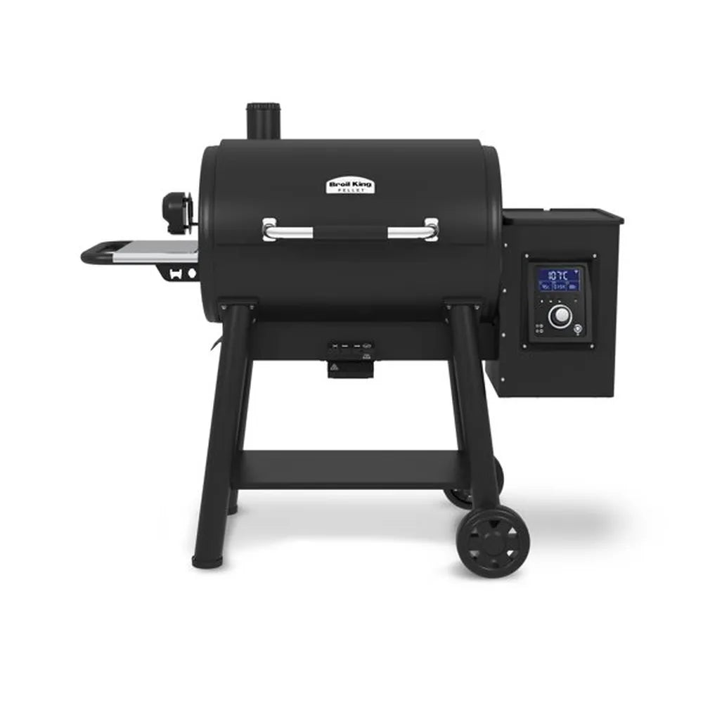 Front view of the Broil King Regal Pellet 500 WiFi pellet grill, highlighting the matte black pellet smoker body, chimney, front handle, digital temperature control box, and rolling cart base.