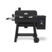 Front view of the Broil King Regal Pellet 500 WiFi pellet grill, highlighting the matte black pellet smoker body, chimney, front handle, digital temperature control box, and rolling cart base.