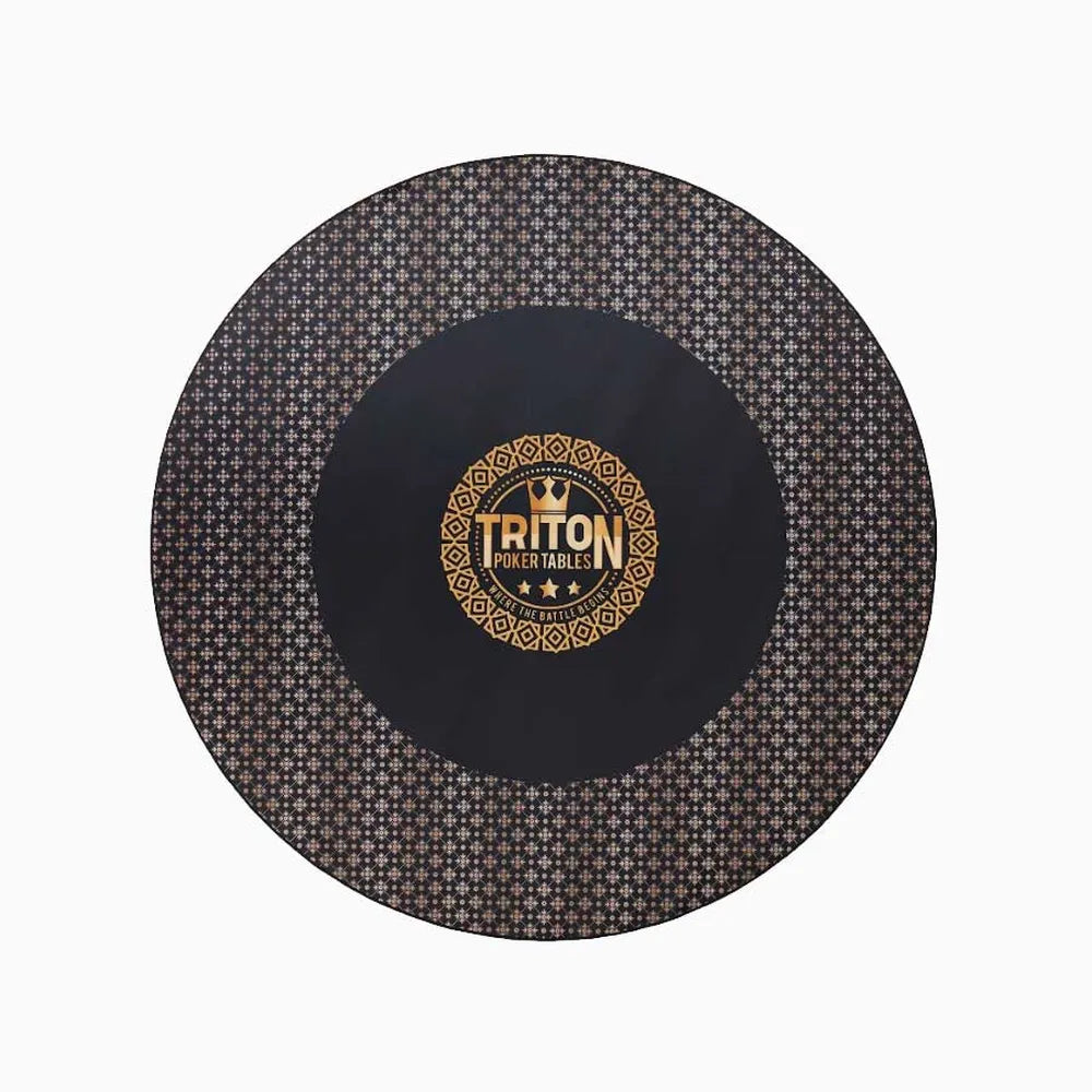 Black Triton round poker mat with patterned outer ring and centered Triton Poker Tables logo.