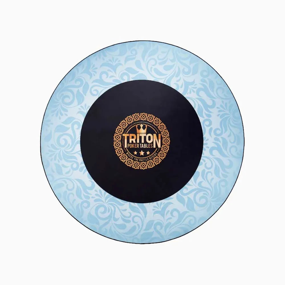 Blue Triton round poker mat with decorative swirl pattern and centered Triton Poker Tables logo.