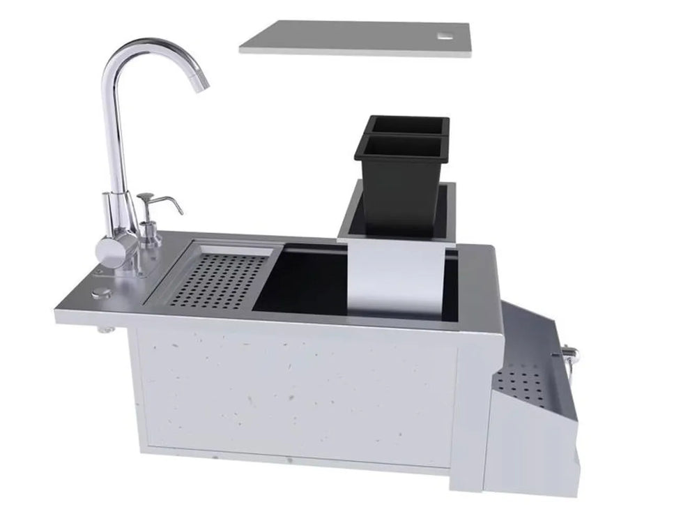 Sunstone B-RBC14 bar sink ice chest shown open with removable garnish bins and lid, stainless steel cocktail prep station.