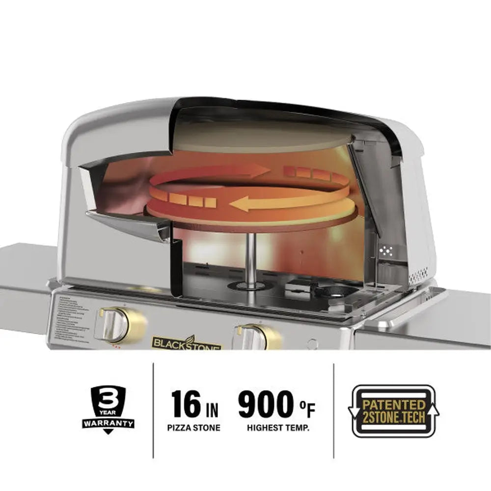 Top view of stainless steel pizza oven with dual fuel burners and built-in thermometer