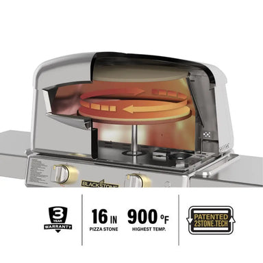 Top view of stainless steel pizza oven with dual fuel burners and built-in thermometer