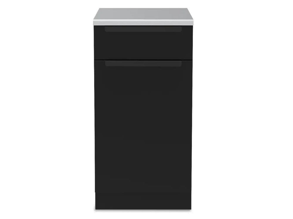 Broil King 811310 1 door drawer cabinet base front view with black storage door, drawer, and stainless top.
