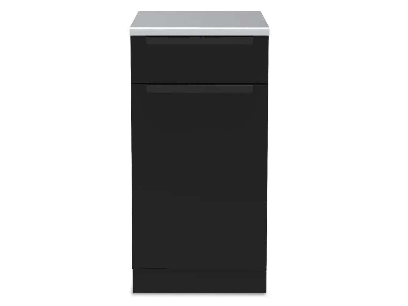 Broil King 811310 1 door drawer cabinet base front view with black storage door, drawer, and stainless top.