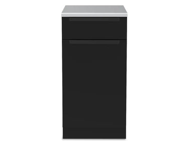 Broil King 811310 1 door drawer cabinet base front view with black storage door, drawer, and stainless top.
