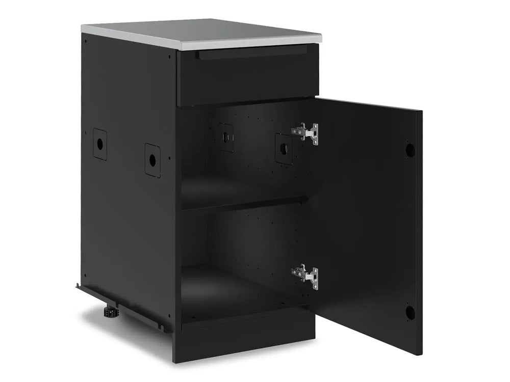 Broil King 811310 1 door drawer cabinet base open view with black cabinet door, interior shelves, and stainless top.