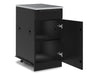 Broil King 811310 1 door drawer cabinet base open view with black cabinet door, interior shelves, and stainless top.