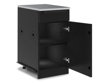 Broil King 811310 1 door drawer cabinet base open view with black cabinet door, interior shelves, and stainless top.