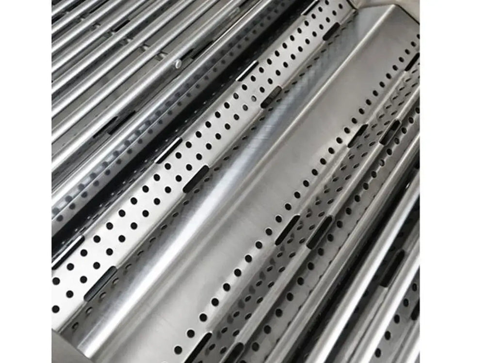 Close-up of perforated stainless steel flame tamers / heat tents under the cooking grates.