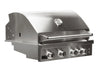 Stainless steel built-in gas grill exterior with hood, thermometer, and four control knobs.